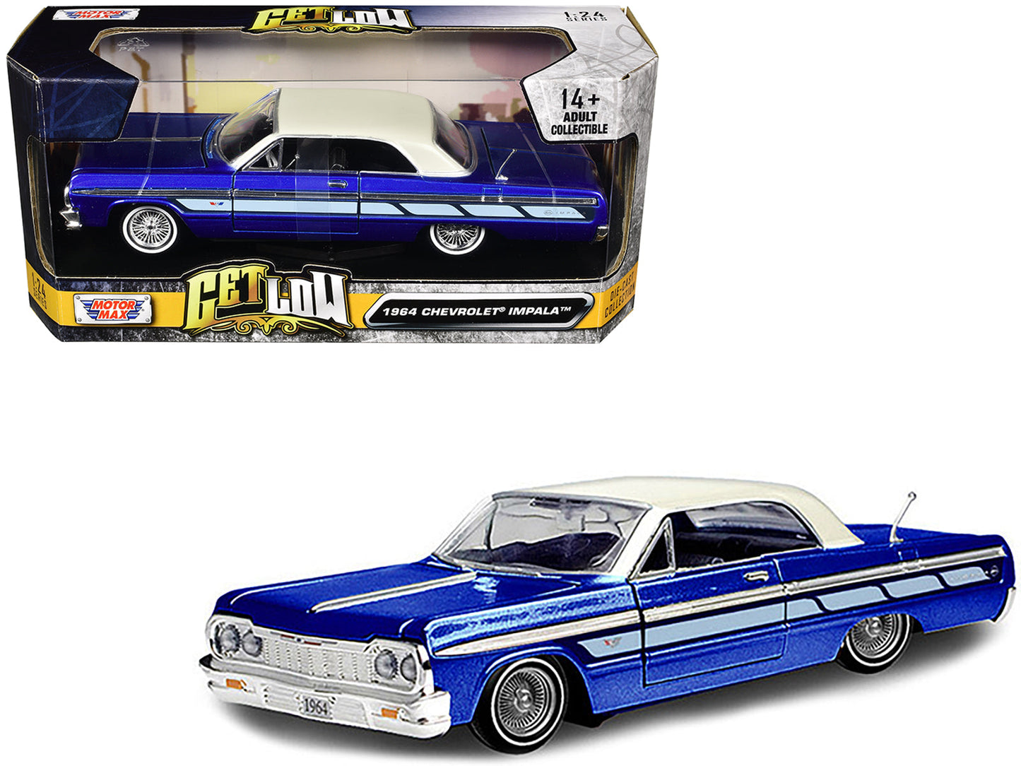 1964 Chevrolet Impala Lowrider Hard Top Candy Blue Metallic with Cream Top "Get Low" Series 1/24 Diecast Model Car