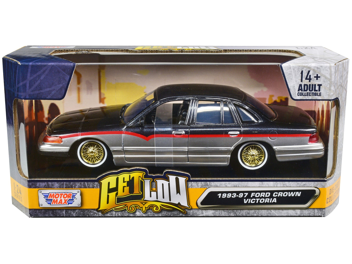 1993-1997 Ford Crown Victoria Lowrider Black Metallic and Silver with Red Stripes "Get Low" Series 1/24 Diecast Model Car
