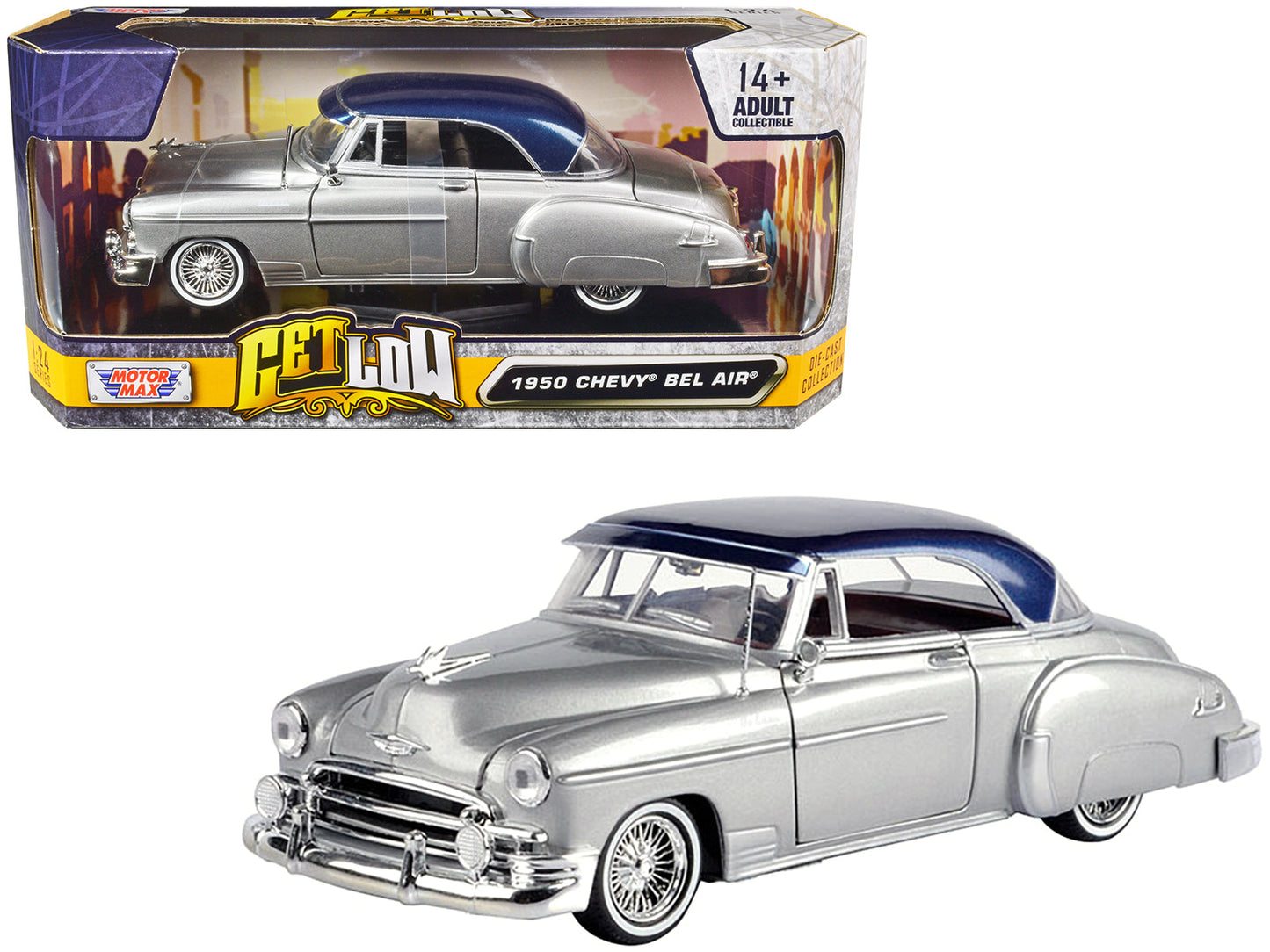 1950 Chevrolet Bel Air Lowrider Silver Metallic with Blue Metallic Top "Get Low" Series 1/24 Diecast Model Car