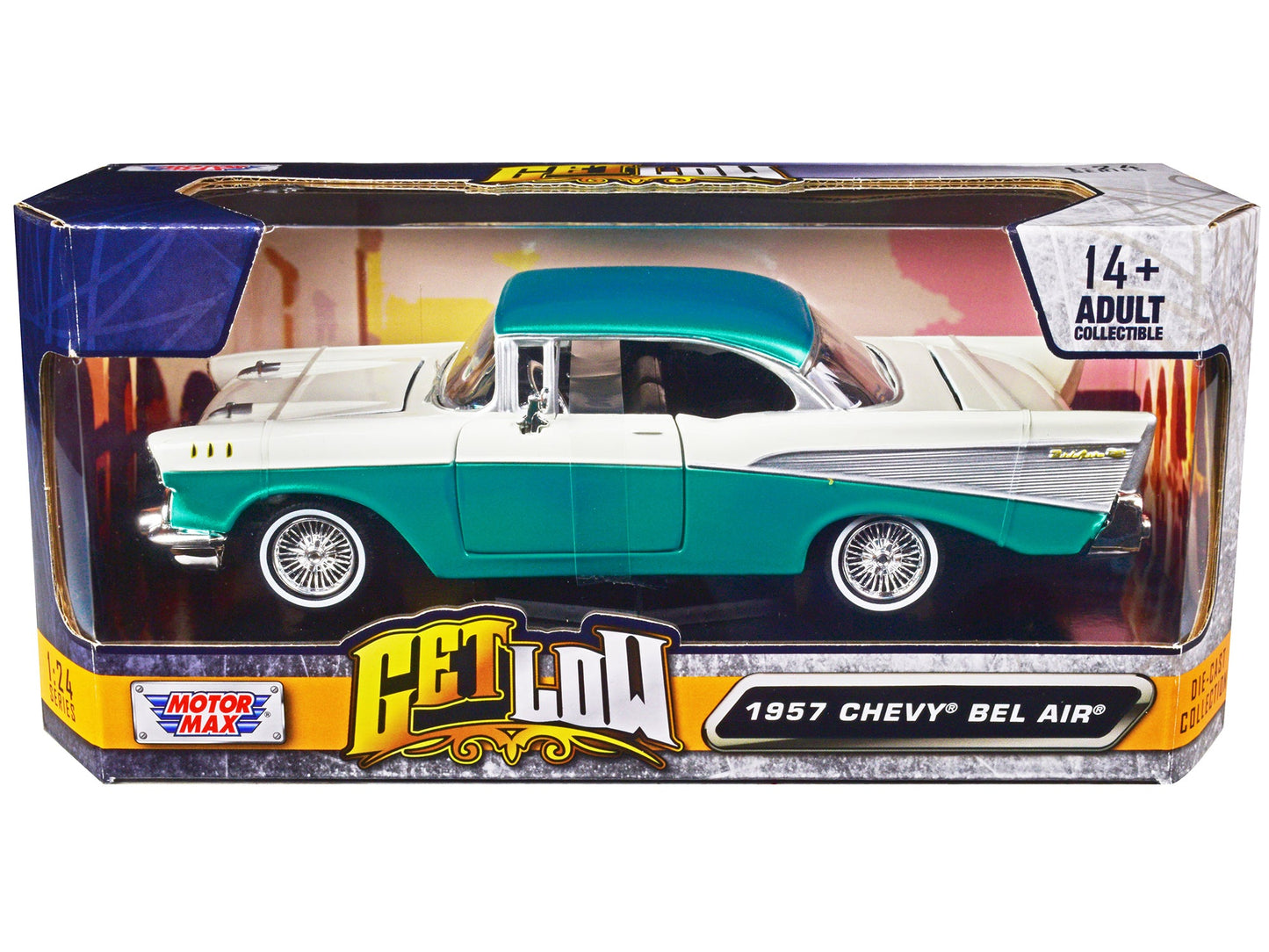 1957 Chevrolet Bel Air Lowrider Turquoise Metallic and White "Get Low" Series 1/24 Diecast Model Car