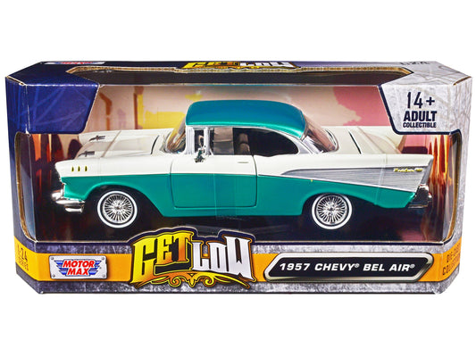 1957 Chevrolet Bel Air Lowrider Turquoise Metallic and White "Get Low" Series 1/24 Diecast Model Car