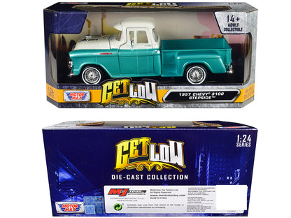 1957 Chevrolet 3100 Stepside Pickup Truck Lowrider Turquoise Metallic and White with White Interior "Get Low" Series 1/24 Diecast Model Car