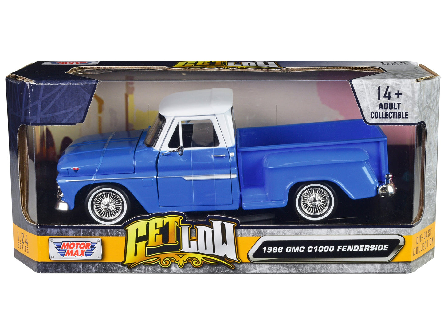 1966 GMC C1000 Fenderside Pickup Truck Lowrider Blue with White Top "Get Low" Series 1/24 Diecast Model Car
