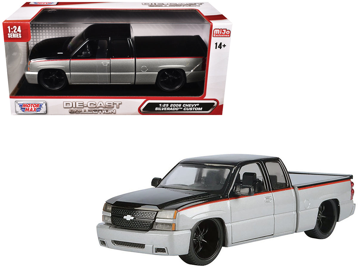 2006 Chevrolet Silverado Custom Pickup Truck Silver Metallic and Black with Red Stripes "Die-Cast Collection" Series 1/25 Diecast Model Car