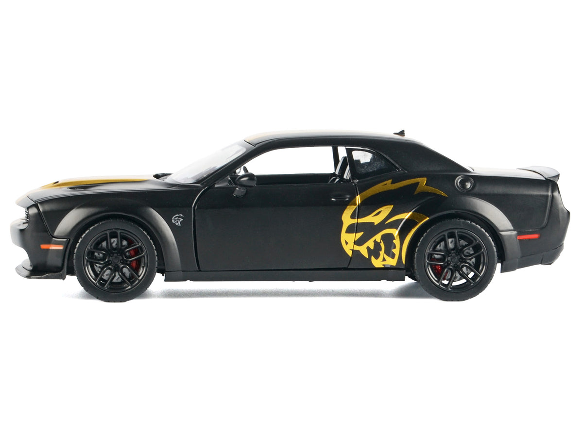2018 Dodge Challenger SRT Hellcat Widebody Matt Black with Gold Stripes and Graphics "Midnight Eclipse" Series 1/24 Diecast Model Car
