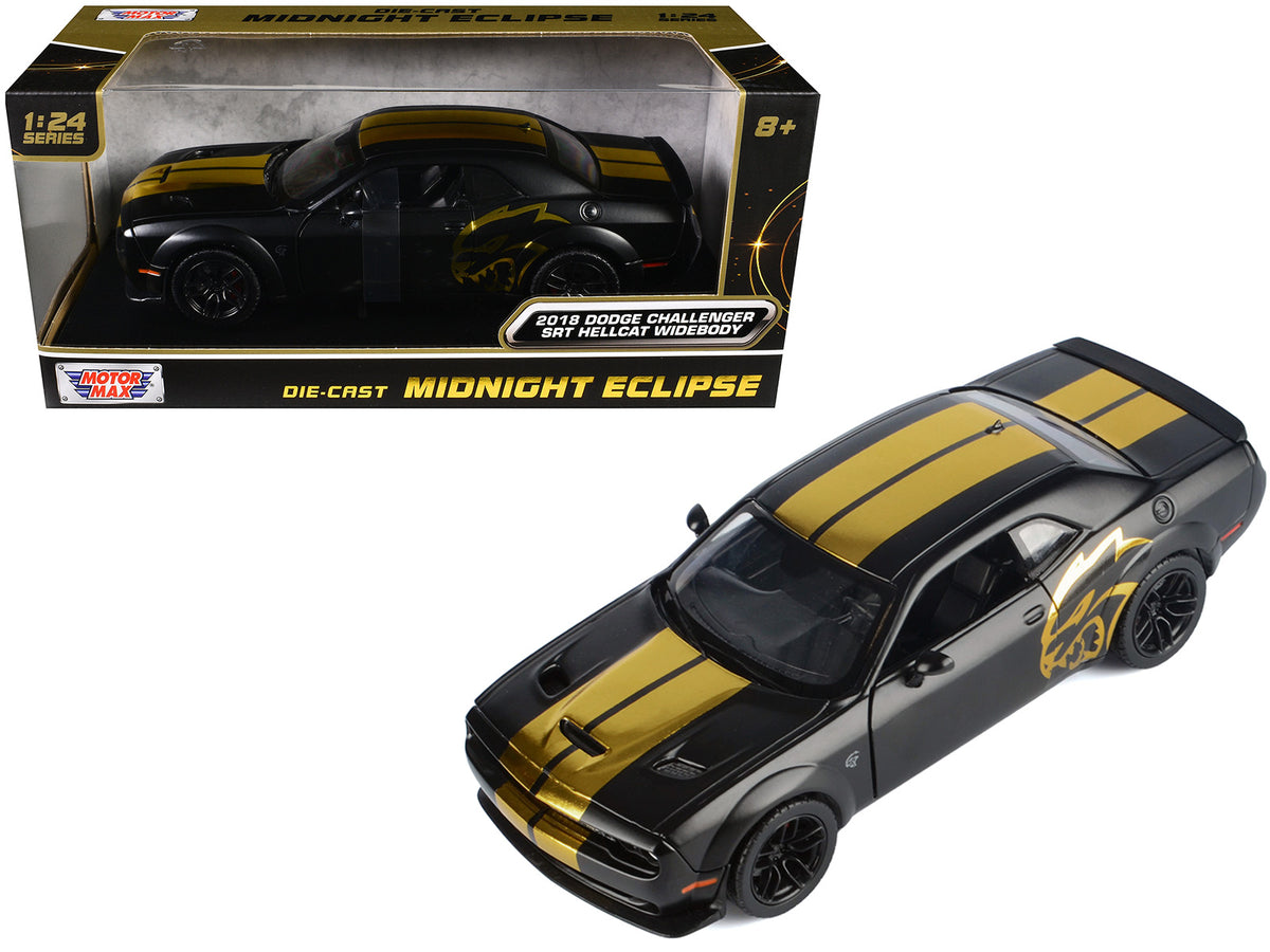 2018 Dodge Challenger SRT Hellcat Widebody Matt Black with Gold Stripes and Graphics "Midnight Eclipse" Series 1/24 Diecast Model Car