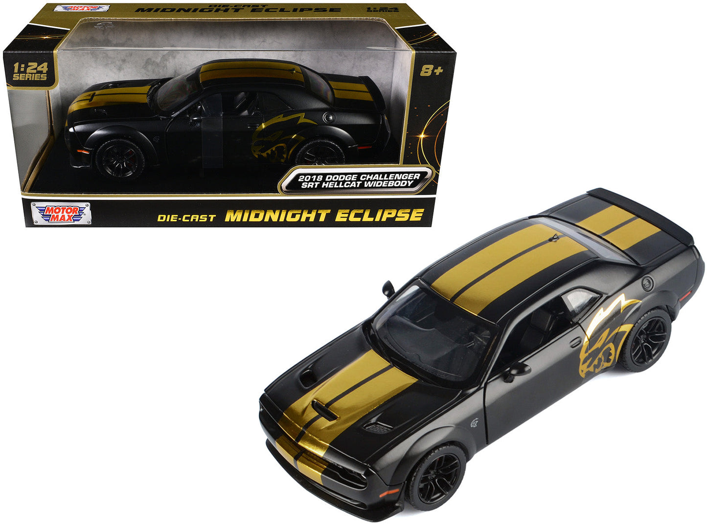 2018 Dodge Challenger SRT Hellcat Widebody Matt Black with Gold Stripes and Graphics "Midnight Eclipse" Series 1/24 Diecast Model Car