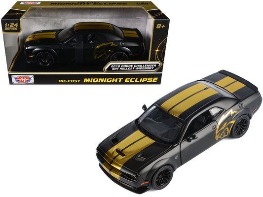 2018 Dodge Challenger SRT Hellcat Widebody Matt Black with Gold Stripes and Graphics "Midnight Eclipse" Series 1/24 Diecast Model Car