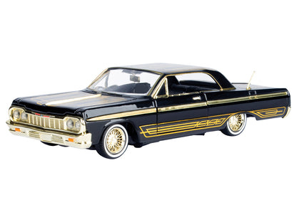 1964 Chevrolet Impala Lowrider Black with Gold Graphics and Wheels "Midnight Eclipse" Series 1/24 Diecast Model Car