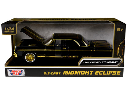 1964 Chevrolet Impala Lowrider Black with Gold Graphics and Wheels "Midnight Eclipse" Series 1/24 Diecast Model Car