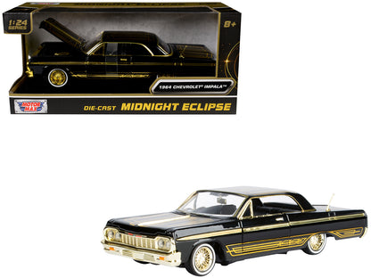 1964 Chevrolet Impala Lowrider Black with Gold Graphics and Wheels "Midnight Eclipse" Series 1/24 Diecast Model Car