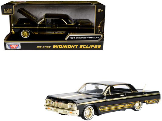 1964 Chevrolet Impala Lowrider Black with Gold Graphics and Wheels "Midnight Eclipse" Series 1/24 Diecast Model Car