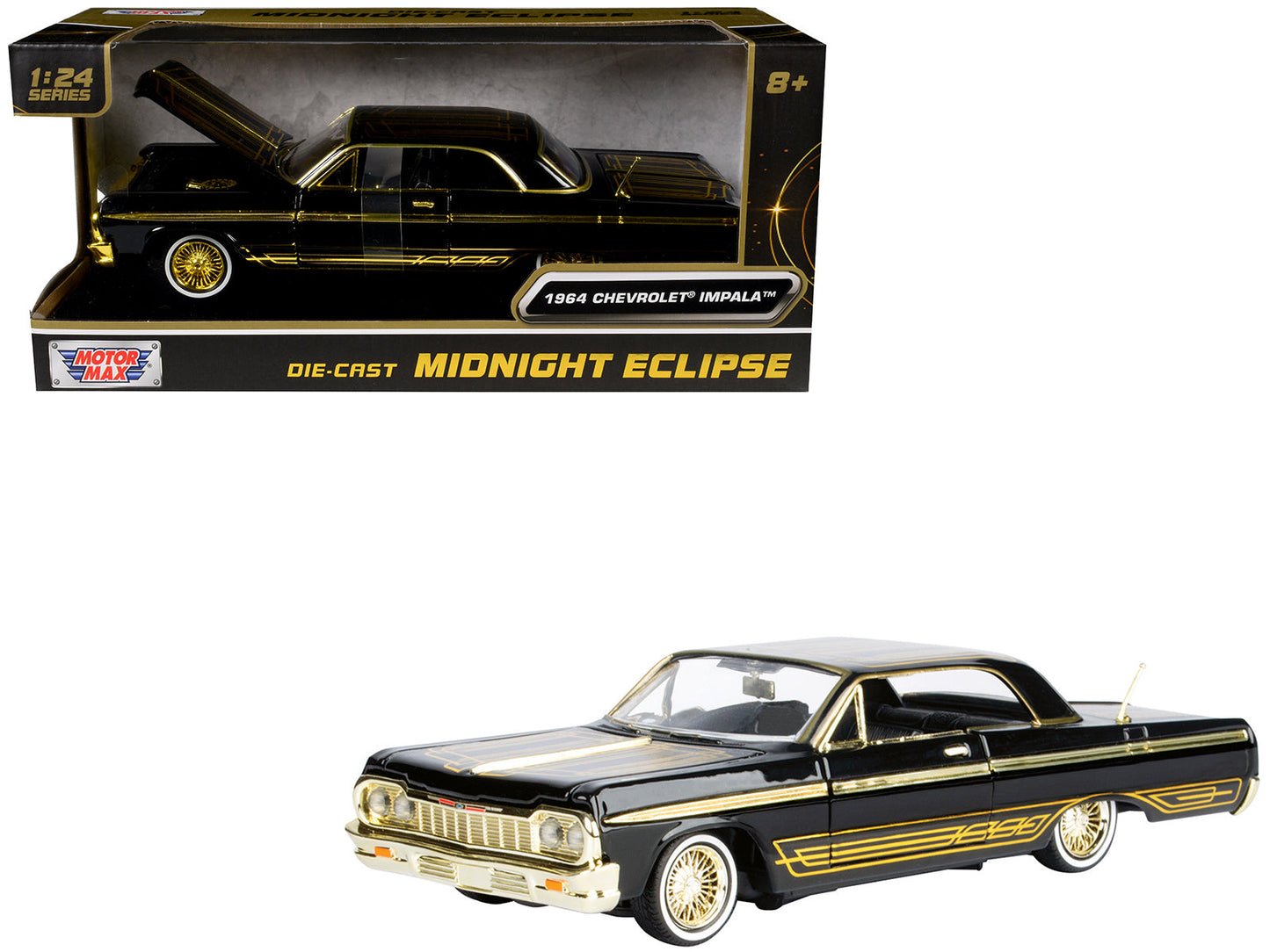 1964 Chevrolet Impala Lowrider Black with Gold Graphics and Wheels "Midnight Eclipse" Series 1/24 Diecast Model Car