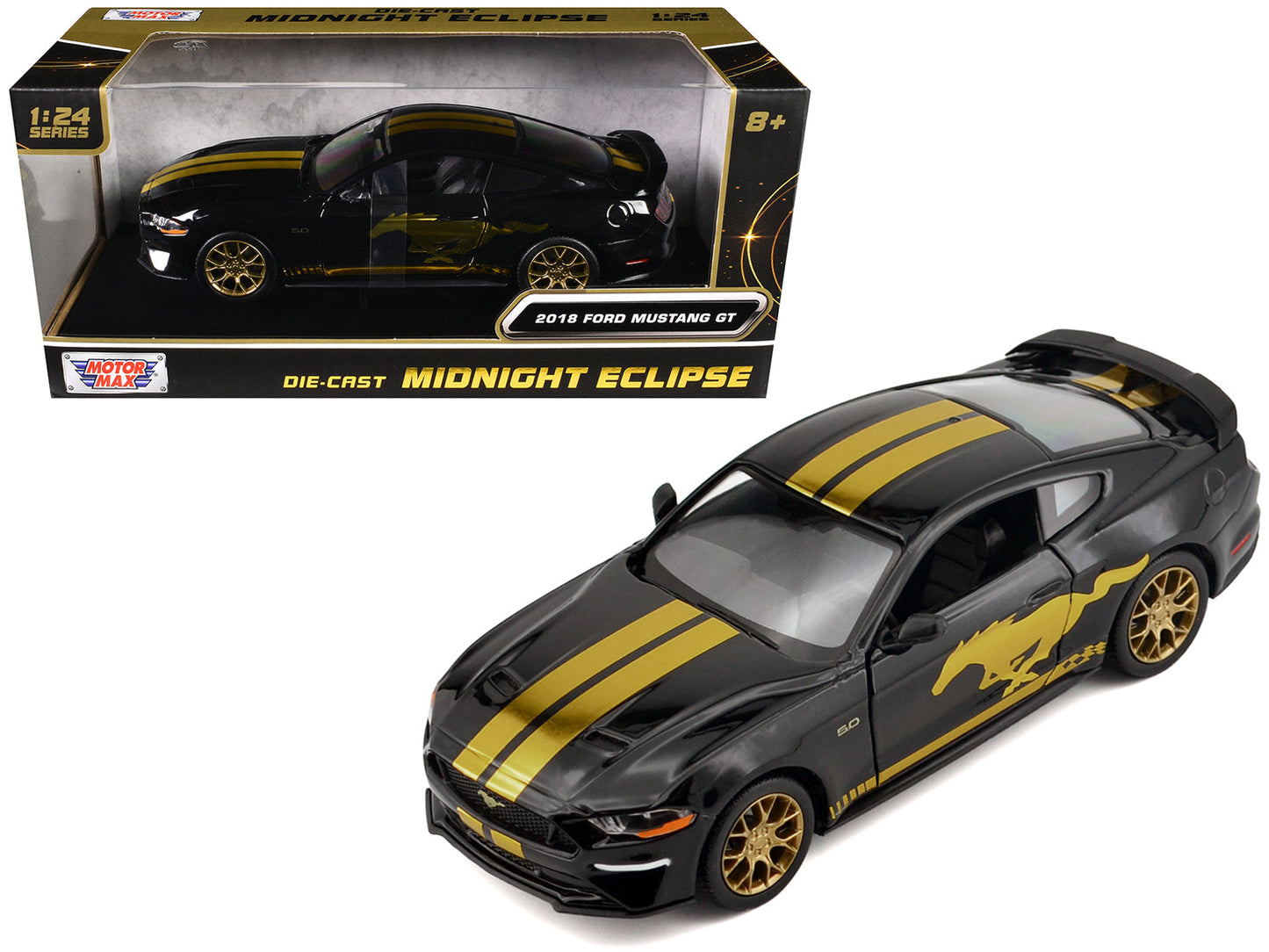 2018 Ford Mustang GT 5.0 Black with Gold Stripes and Graphics "Midnight Eclipse" Series 1/24 Diecast Model Car