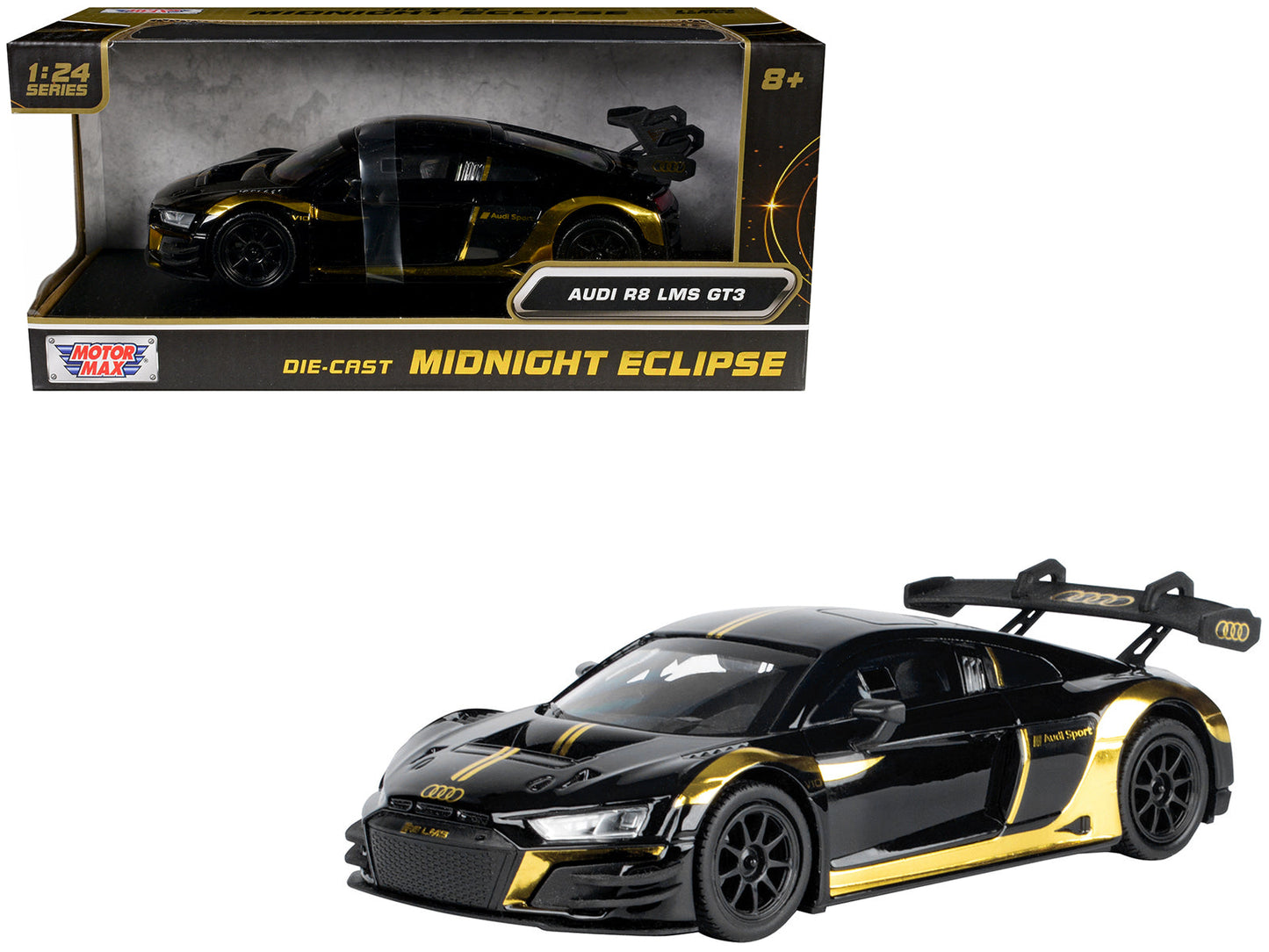 Audi R8 LMS GT3 Black with Gold Stripes and Graphics "Midnight Eclipse" Series 1/24 Diecast Model Car
