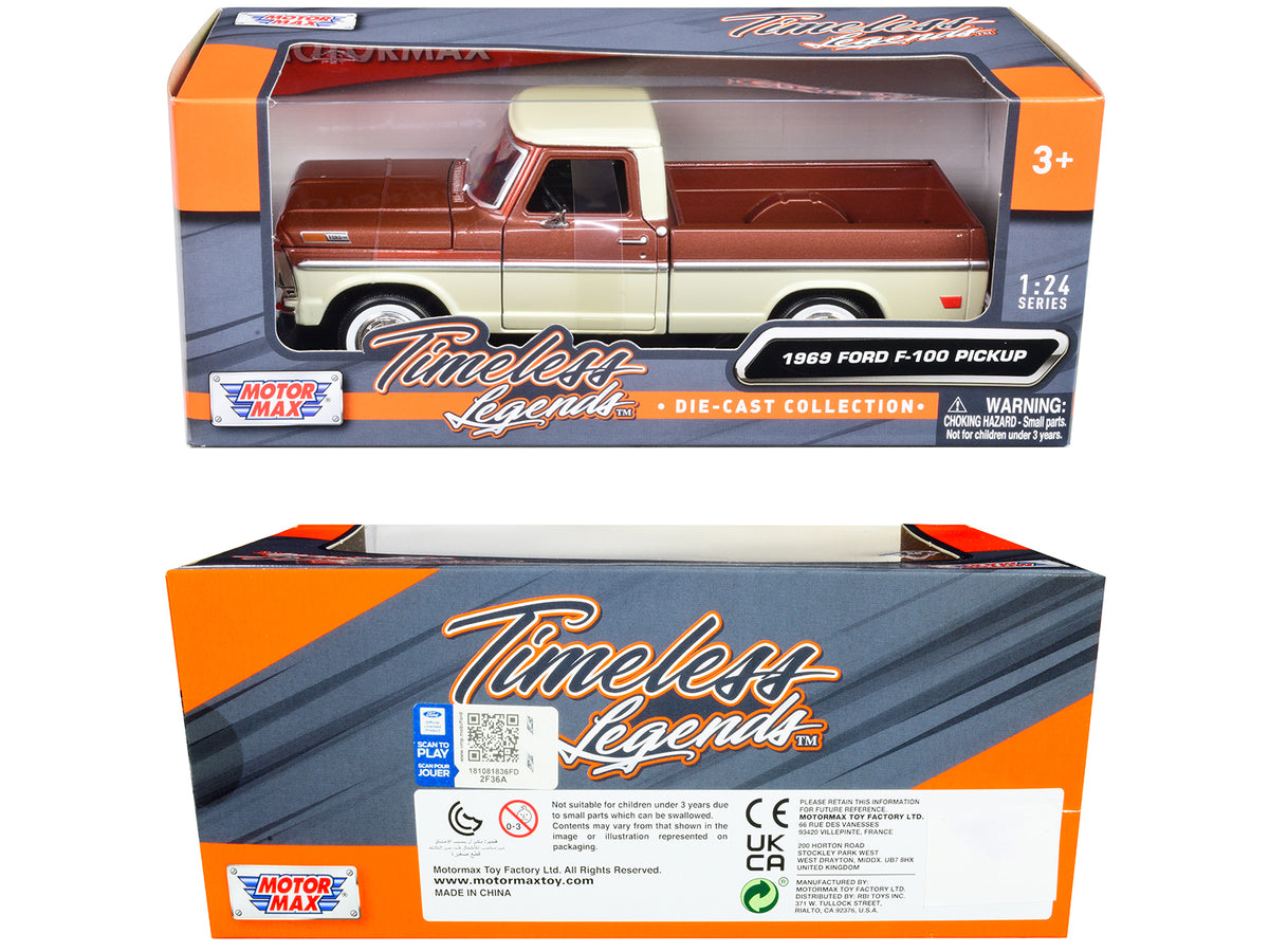 1969 Ford F-100 Pickup Truck Brown Metallic and Cream "Timeless Legends" 1/24 Diecast Model Car
