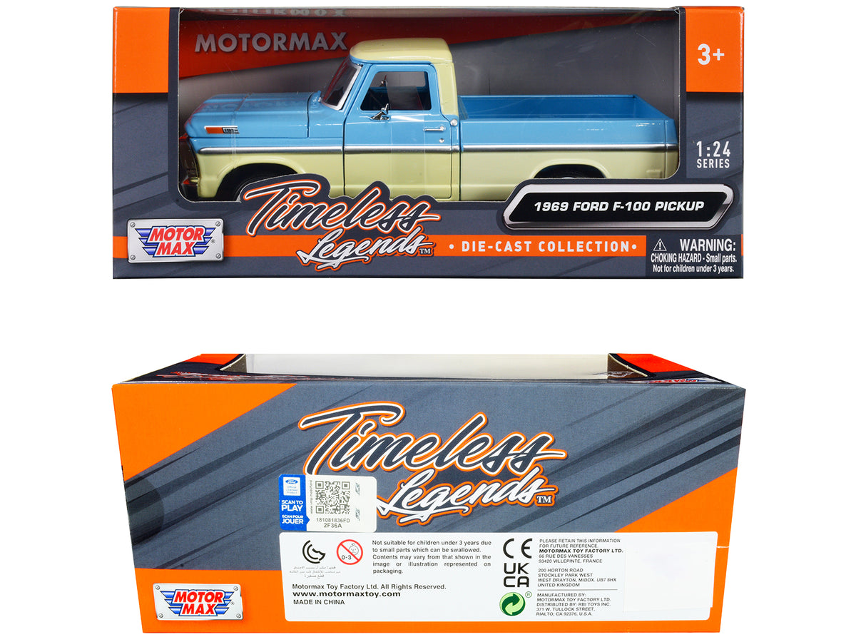 1969 Ford F-100 Pickup Truck Light Blue and Cream "Timeless Legends" Series 1/24 Diecast Model Car