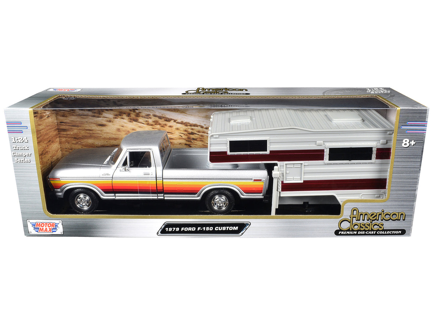 1979 Ford F-150 Custom Pickup Truck Silver Metallic with Side Stripes with Camper Shell "American Classics" Series 1/24 Diecast Model Car