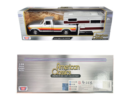 1979 Ford F-150 Custom Pickup Truck Silver Metallic with Side Stripes with Camper Shell "American Classics" Series 1/24 Diecast Model Car