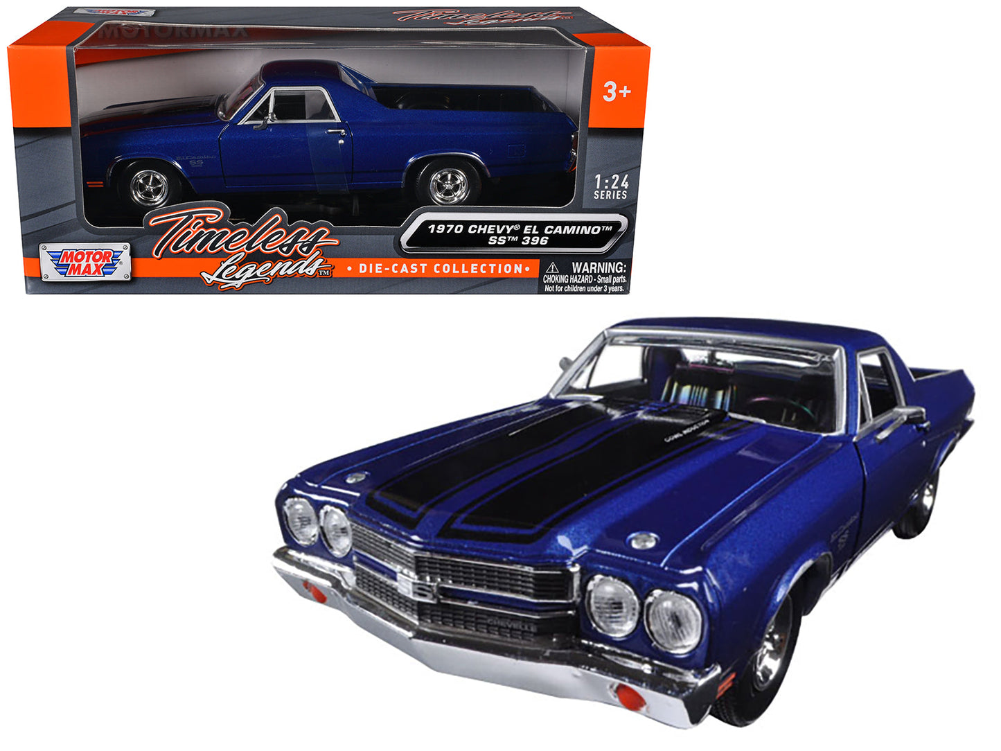 1970 Chevrolet El Camino SS 396 Dark Blue Metallic with Black Stripes 1/24 Diecast Model Car