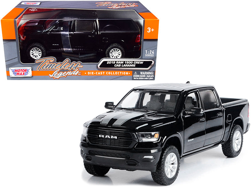 2019 RAM 1500 Laramie Crew Cab Pickup Truck Black with Silver Stripes 1/24 Diecast Model Car