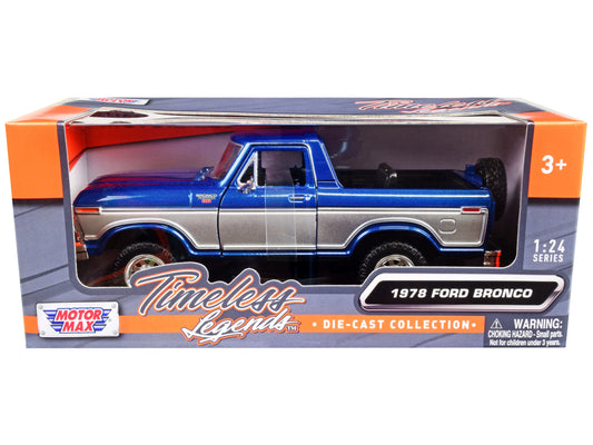 1978 Ford Bronco Ranger XLT (Open Top) with Spare Tire Blue Metallic and Silver "Timeless Legends" Series 1/24 Diecast Model Car