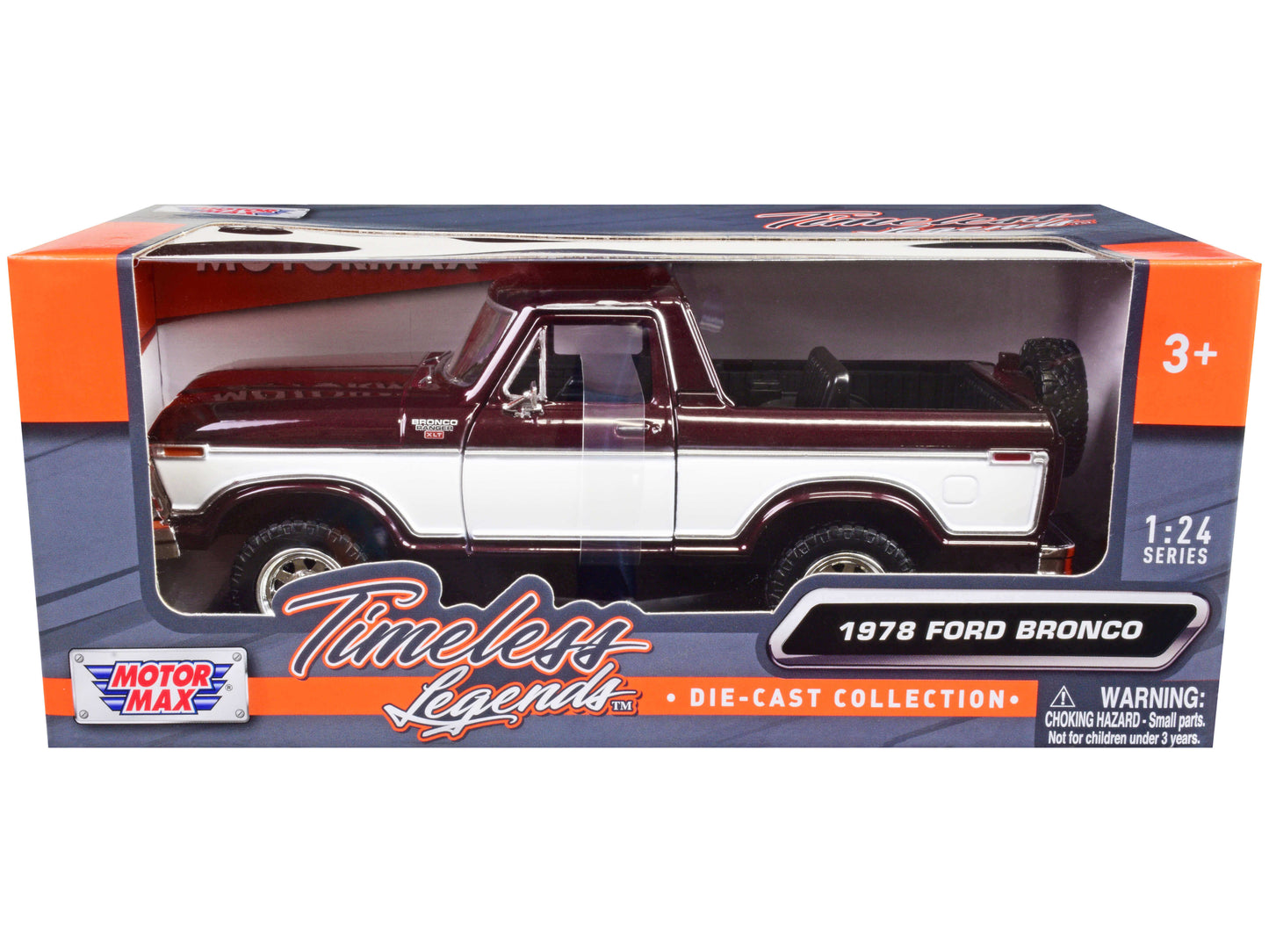 1978 Ford Bronco Ranger XLT (Open Top) with Spare Tire Burgundy Metallic and White "Timeless Legends" Series 1/24 Diecast Model Car