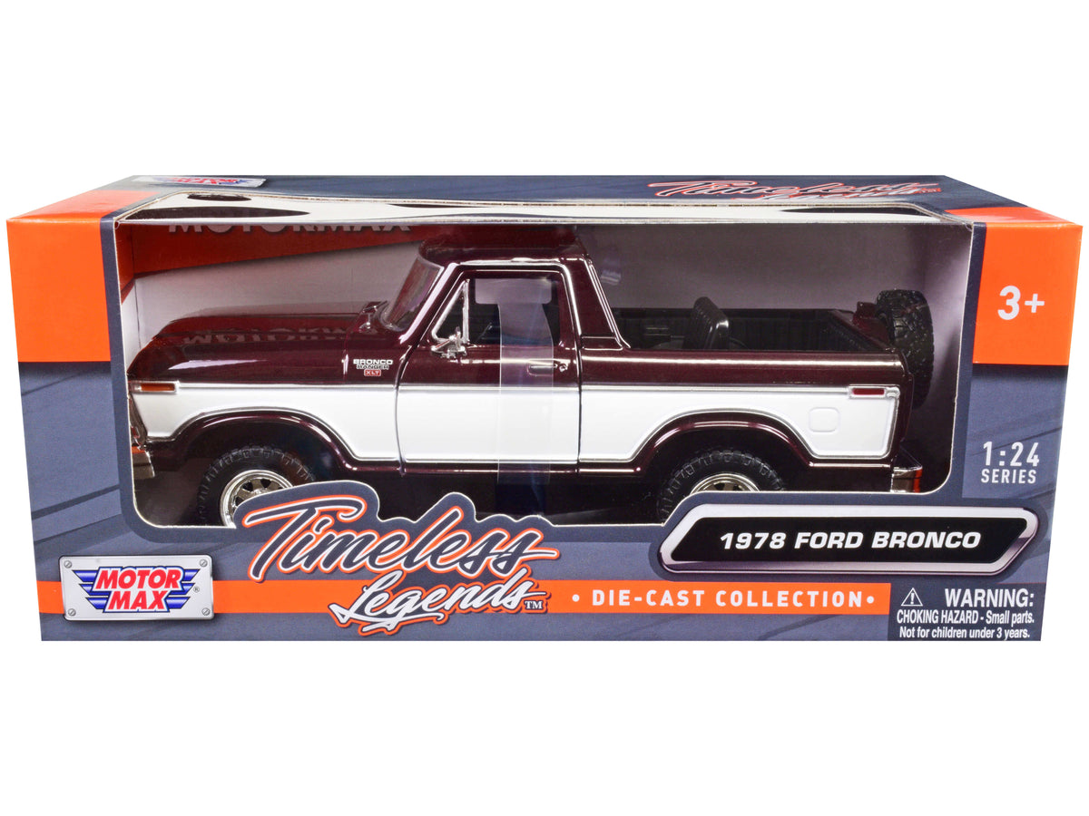 1978 Ford Bronco Ranger XLT (Open Top) with Spare Tire Burgundy Metallic and White "Timeless Legends" Series 1/24 Diecast Model Car