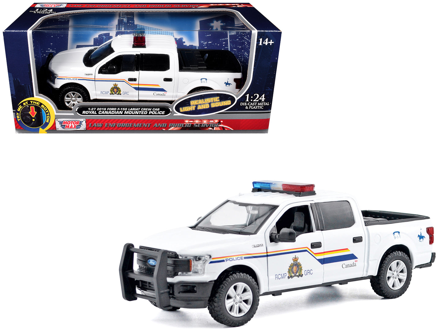 2019 Ford F-150 Lariat Crew Cab Pickup Truck "Royal Canadian Mounted Police" White with Flashing Light Bar and Front and Rear Lights and Sounds "Law Enforcement and Public Service" Series 1/27 Diecast Model Car