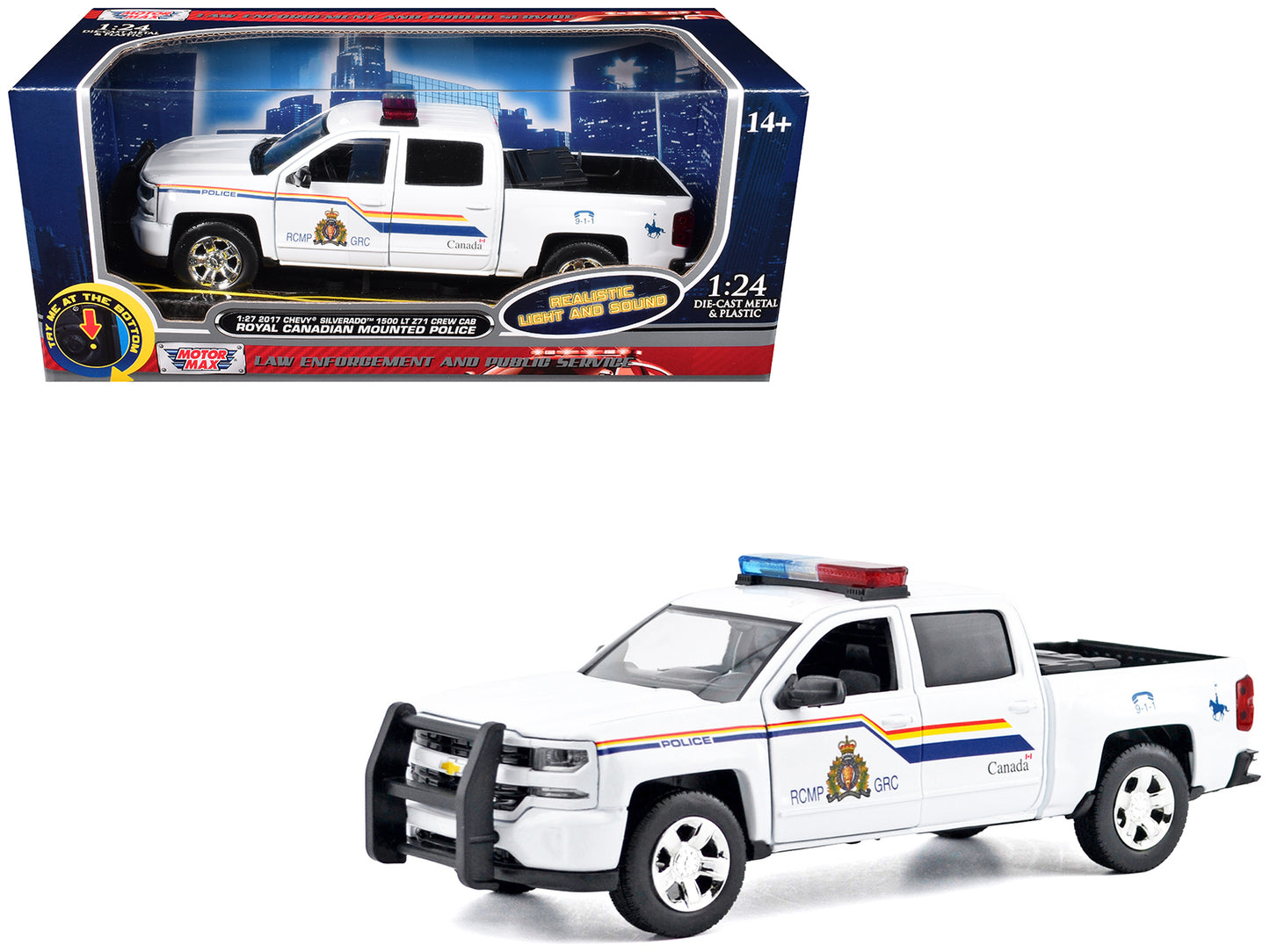 2017 Chevrolet Silverado 1500 LT Z71 Crew Cab Pickup Truck "Royal Canadian Mounted Police" White with Flashing Light Bar and Front and Rear Lights and Sounds "Law Enforcement and Public Service" Series 1/27 Diecast Model Car