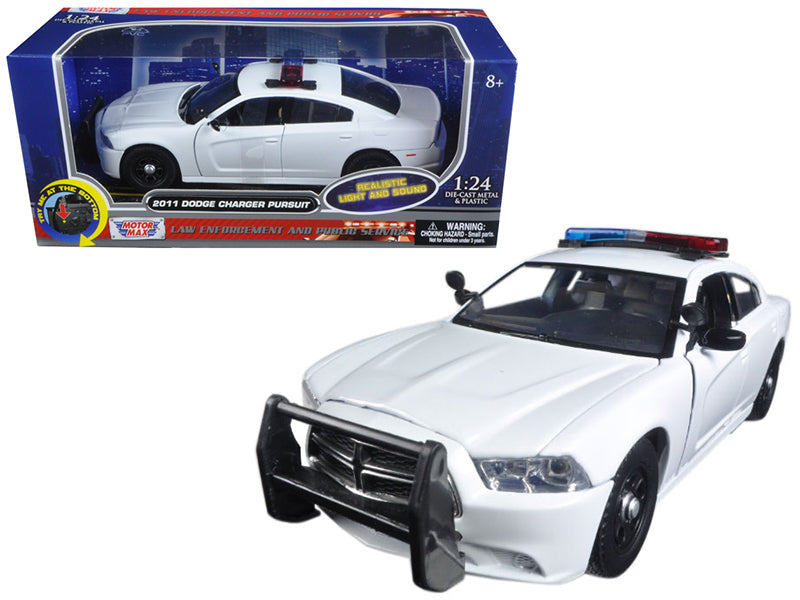 2011 Dodge Charger Pursuit Police Car White with Flashing Light Bar, Front and Rear Lights and 2 Sounds 1/24 Diecast Model Car