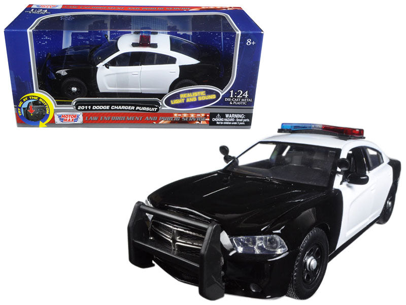 2011 Dodge Charger Pursuit Police Car Black and White with Flashing Light Bar and Front and Rear Lights and 2 Sounds 1/24 Diecast Model Car