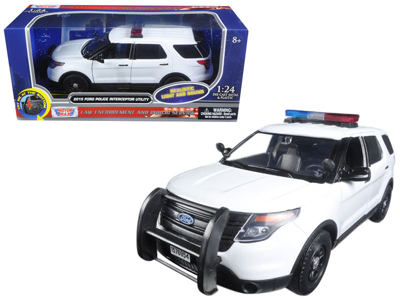 2015 Ford Police Interceptor Utility White with Flashing Light Bar and Front and Rear Lights and 2 Sounds 1/24 Diecast Model Car