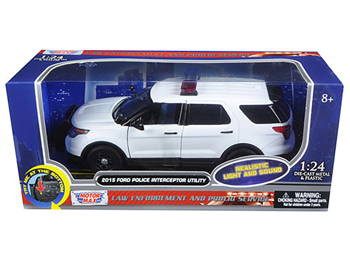 2015 Ford Police Interceptor Utility White with Flashing Light Bar and Front and Rear Lights and 2 Sounds 1/24 Diecast Model Car