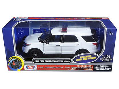 2015 Ford Police Interceptor Utility White with Flashing Light Bar and Front and Rear Lights and 2 Sounds 1/24 Diecast Model Car