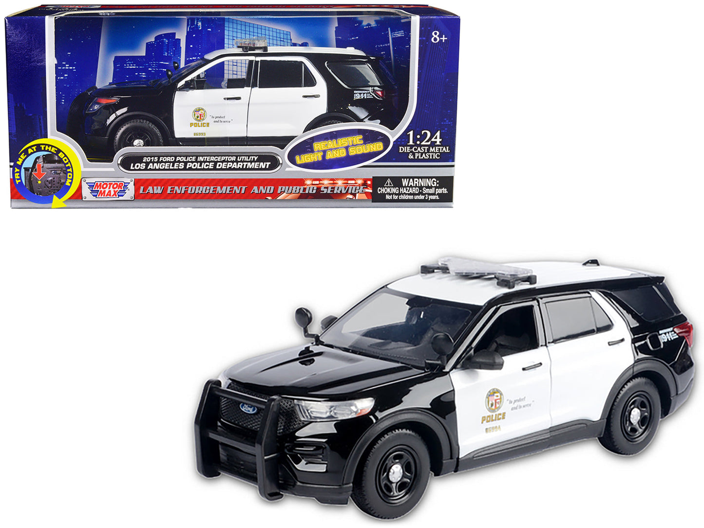 2015 Ford Police Interceptor Utility Black and White "Los Angeles Police Department (LAPD)" with Flashing Light Bar and Front and Rear Lights and Sounds 1/24 Diecast Model Car