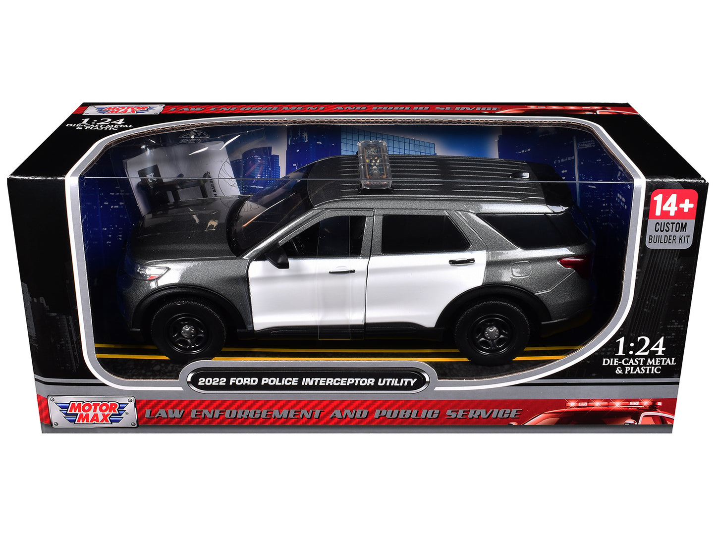 2022 Ford Police Interceptor Utility Gray Metallic with White Doors "Builder's Kit" with Flashing Light Bar and Front and Rear Lights and Sounds 1/24 Diecast Model Car