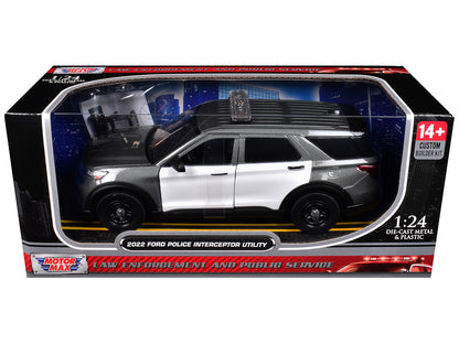 2022 Ford Police Interceptor Utility Gray Metallic with White Doors "Builder's Kit" with Flashing Light Bar and Front and Rear Lights and Sounds 1/24 Diecast Model Car