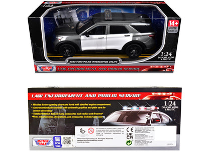 2022 Ford Police Interceptor Utility Gray Metallic with White Doors "Builder's Kit" with Flashing Light Bar and Front and Rear Lights and Sounds 1/24 Diecast Model Car