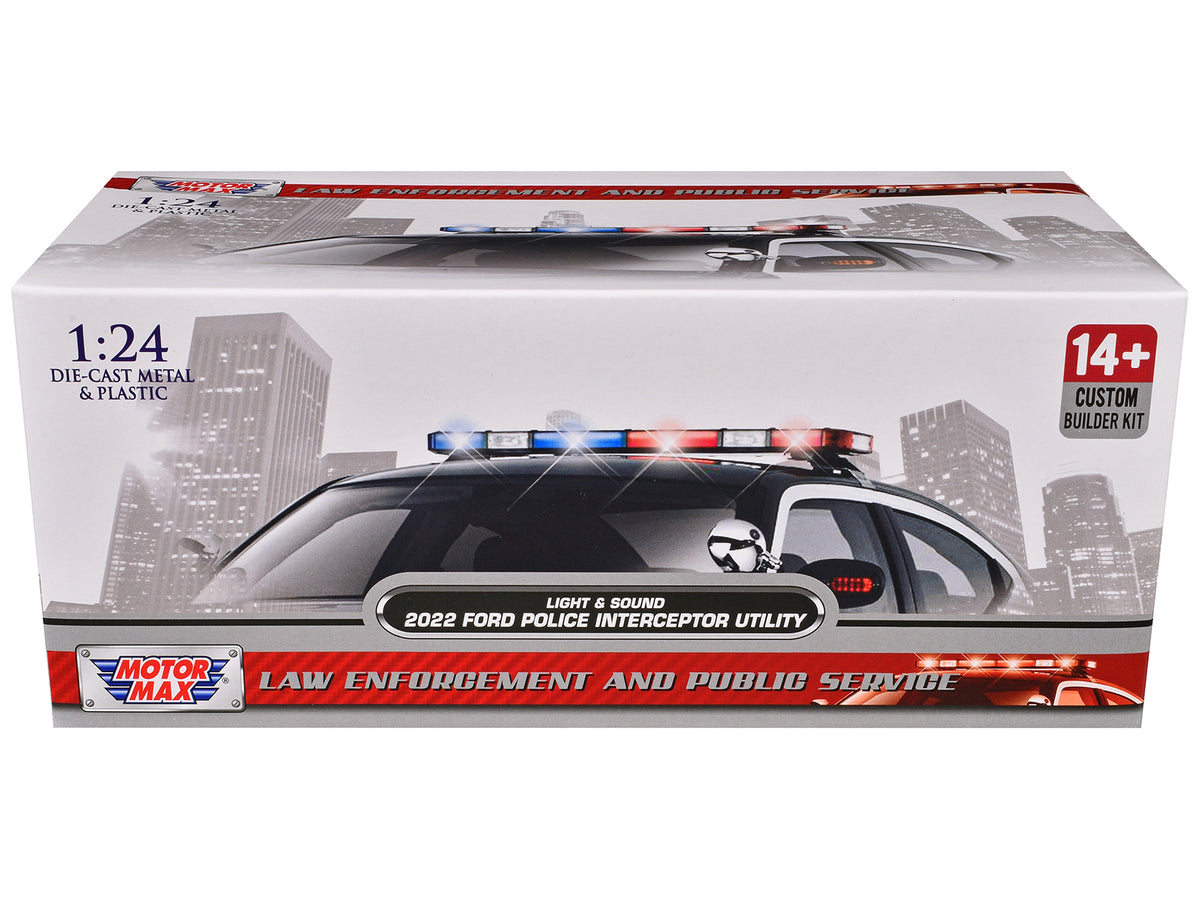 2022 Ford Police Interceptor Utility Black and White "Builder's Kit" with Flashing Light Bar and Front and Rear Lights and Sounds 1/24 Diecast Model Car