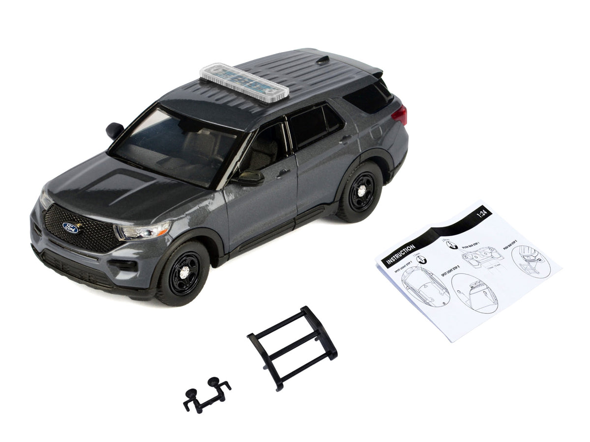 2022 Ford Police Interceptor Utility Dark Gray Metallic "Builder's Kit" with Flashing Light Bar and Front and Rear Lights and Sounds 1/24 Diecast Model Car
