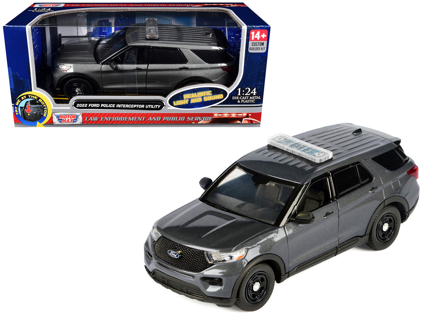2022 Ford Police Interceptor Utility Dark Gray Metallic "Builder's Kit" with Flashing Light Bar and Front and Rear Lights and Sounds 1/24 Diecast Model Car