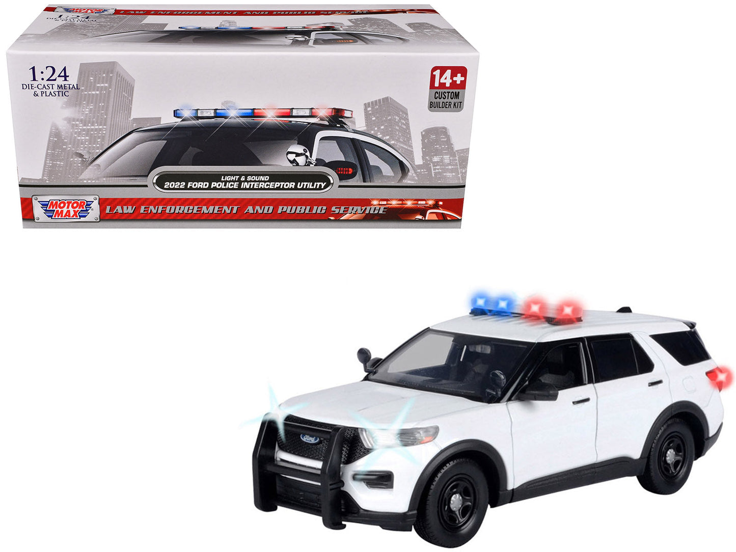 2022 Ford Police Interceptor Utility Plain White "Builder's Kit" with Flashing Light Bar and Front and Rear Lights and Sounds 1/24 Diecast Model Car