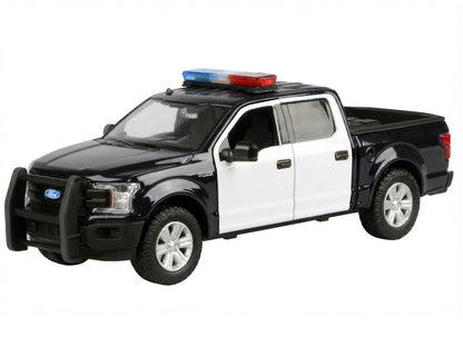 2019 Ford F-150 Lariat Crew Cab Pickup Truck Black and White with Flashing Light Bar and Front and Rear Lights and Sounds 1/24-1/27 Diecast Model Car