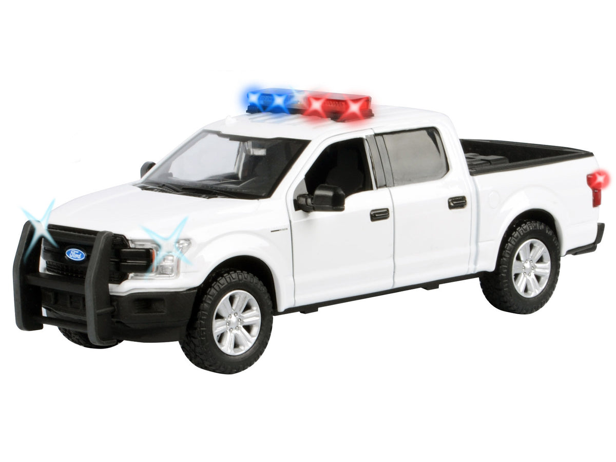 2019 Ford F-150 Lariat Crew Cab Pickup Truck White with Flashing Light Bar and Front and Rear Lights and Sounds 1/24-1/27 Diecast Model Car