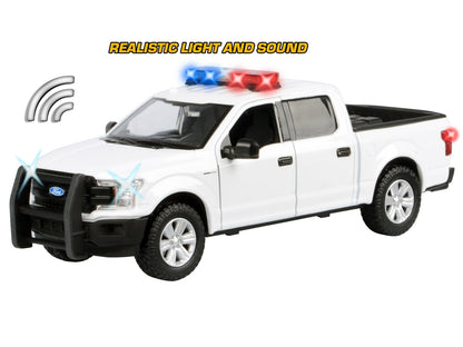 2019 Ford F-150 Lariat Crew Cab Pickup Truck White with Flashing Light Bar and Front and Rear Lights and Sounds 1/24-1/27 Diecast Model Car
