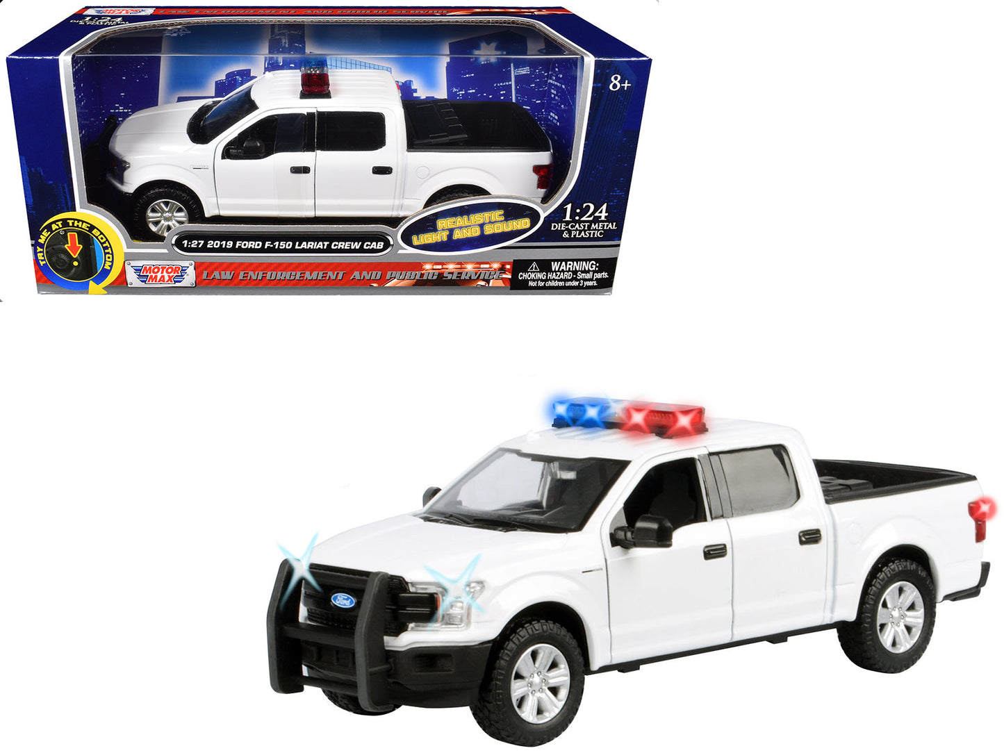 2019 Ford F-150 Lariat Crew Cab Pickup Truck White with Flashing Light Bar and Front and Rear Lights and Sounds 1/27 Diecast Model Car