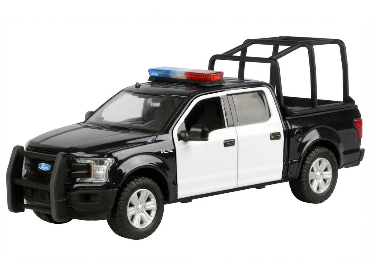 2019 Ford F-150 Lariat Crew Cab Pickup Truck with Bed Cage Black and White with Flashing Light Bar and Front and Rear Lights and Sounds 1/24-1/27 Diecast Model Car