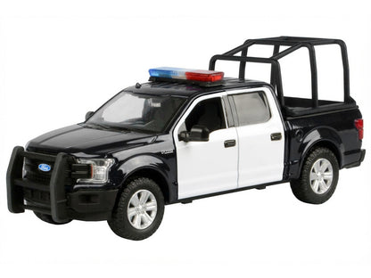2019 Ford F-150 Lariat Crew Cab Pickup Truck with Bed Cage Black and White with Flashing Light Bar and Front and Rear Lights and Sounds 1/24-1/27 Diecast Model Car