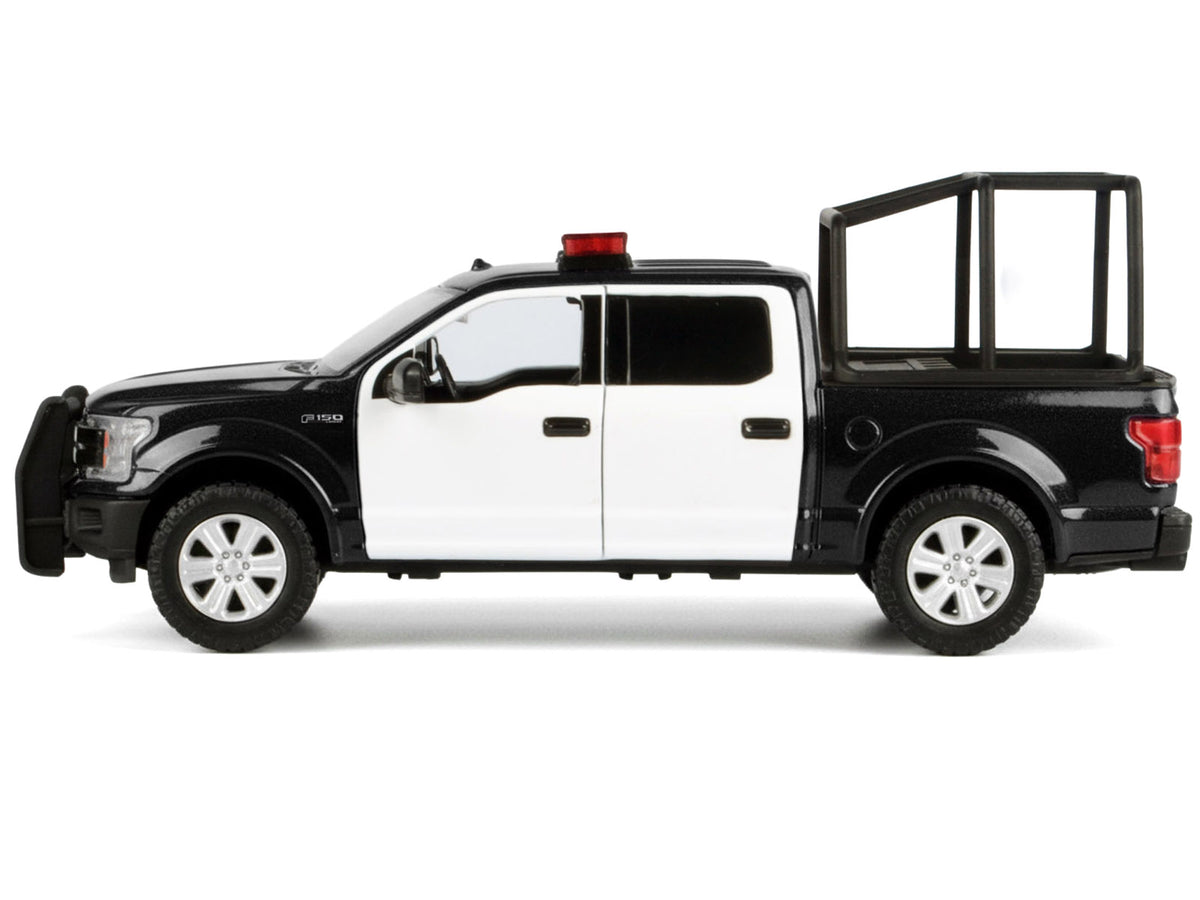 2019 Ford F-150 Lariat Crew Cab Pickup Truck with Bed Cage Black and White with Flashing Light Bar and Front and Rear Lights and Sounds 1/24-1/27 Diecast Model Car